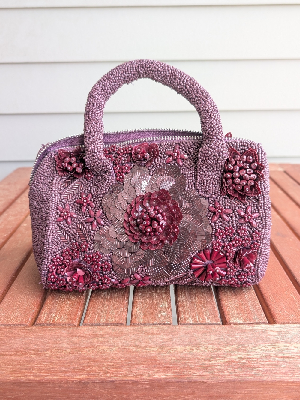 Viral Handcrafted In India Fully Beaded Floral Handbag Burgundy Wine 3D Sequin